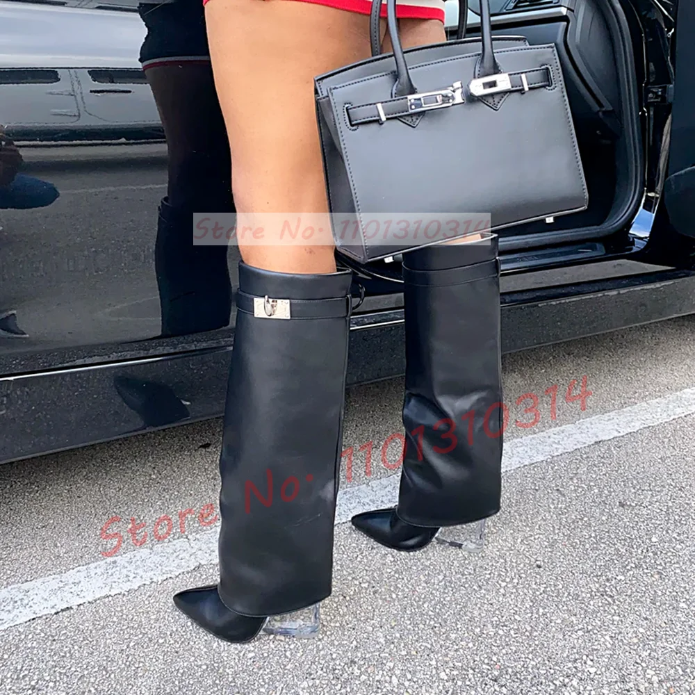 Transparent Wedge Knee-high Boots Women Pointy Toe Winter Fashion Metal Decor Foldover Shoes Ladies Streetwear Clear Heel Boots