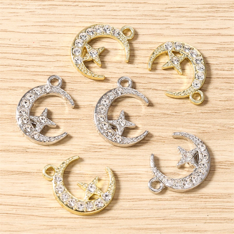 5 Stück 14x19mm Niedliche Kristall-Metal-Mond-Stern-Anhänger für Schmuckherstellung, Ohrringe, Anhänger, Halsketten, Armbänder, DIY-Bastelzubehör – Detail 4