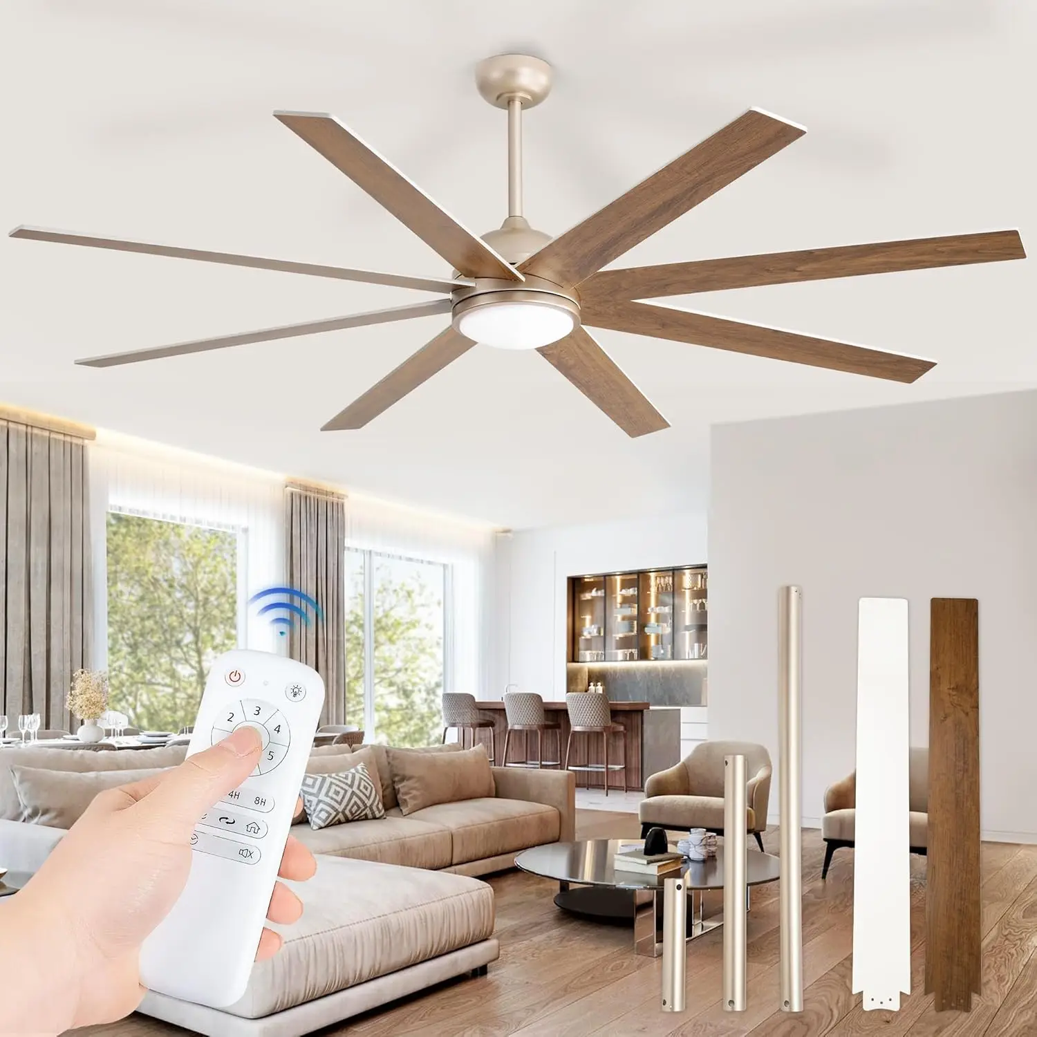 Large Ceiling Fan with Light and Remote, Champaign Gold Ceiling Fan for Living Room Patio, 6 S