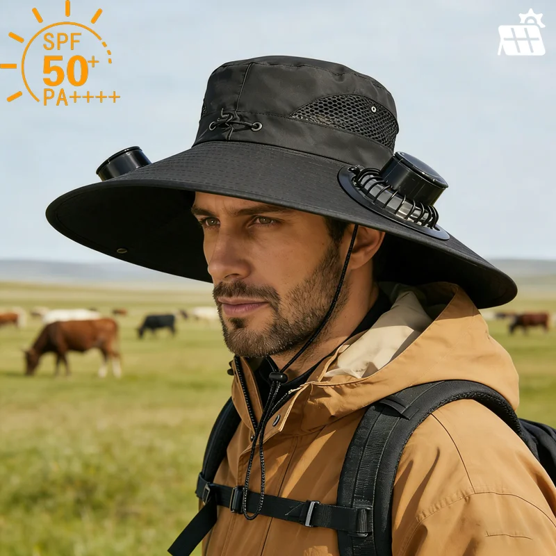 Solar Fan Hat Wide Brim Outdoor Cooling Cap Rechargeable Portable Sun Hat with UV Protection for Men Camping Father Day Gift