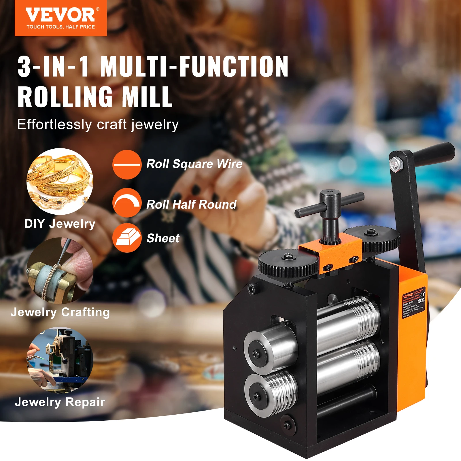 VEVOR Rolling Mill, 75 mm Jewelry Rolling Mill, 1: 2 Gear Ratio, 3-in-1 Multi-function Rolling Mill, 0.03-6.5mm Press Thickness