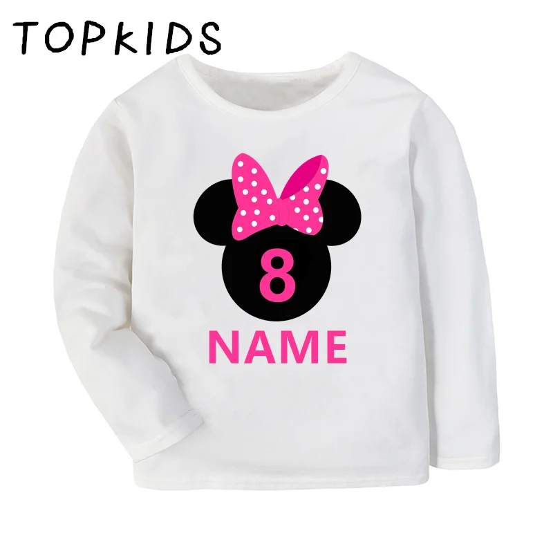 1 2 3 4 5 6 7 8 9 10 Years Birthday Cute Mouse Girls T-shirts Custom Name Baby Long Sleeve Tshirt Cute Kids Clothes Gift Present