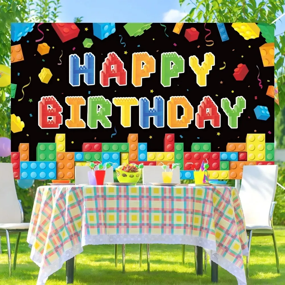 Bunter Geburtstagsbanner mit Baustein-Motiv, Fotografie-Hintergrund, Kindergeburtstag, Familienfeier, Dekoration, Fotografie-Hintergrund – Detail 3