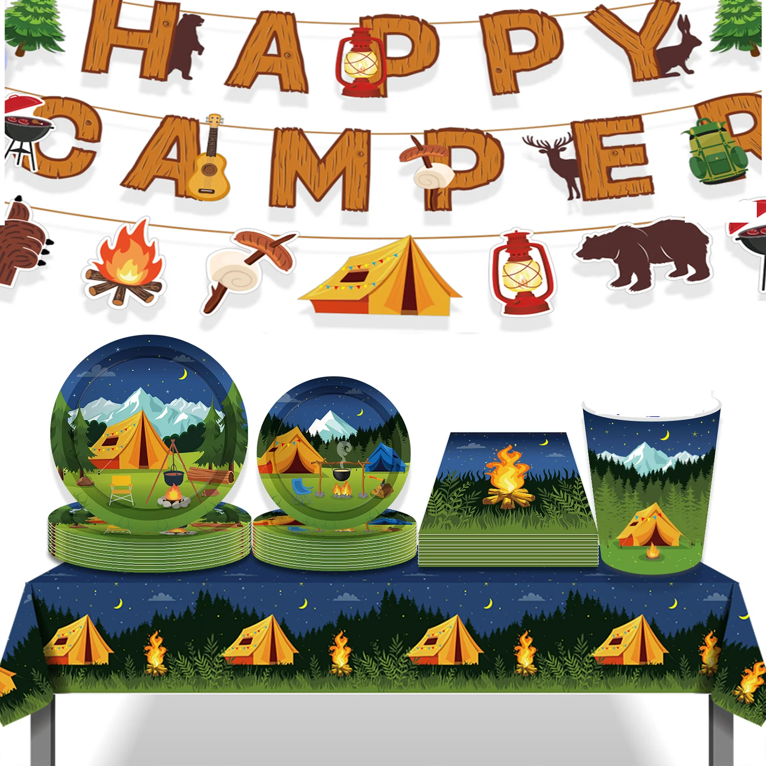 Cartoon Camping Picknick Party Einweg Geschirr Sets Outdoor Camper Zelt Geburtstag Teller Tassen Servietten Baby Shower Party Decor – Detail 2