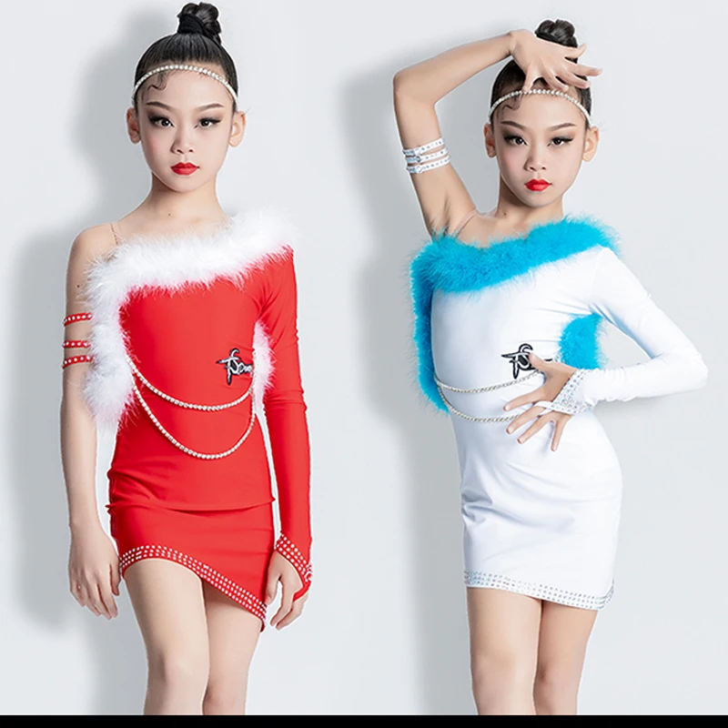 

Red White Fur Single Sleeve Latin Dance Dress Girls Ballroom Dance Competition Dresses Kids Samba Latin Dance Costume SL8020