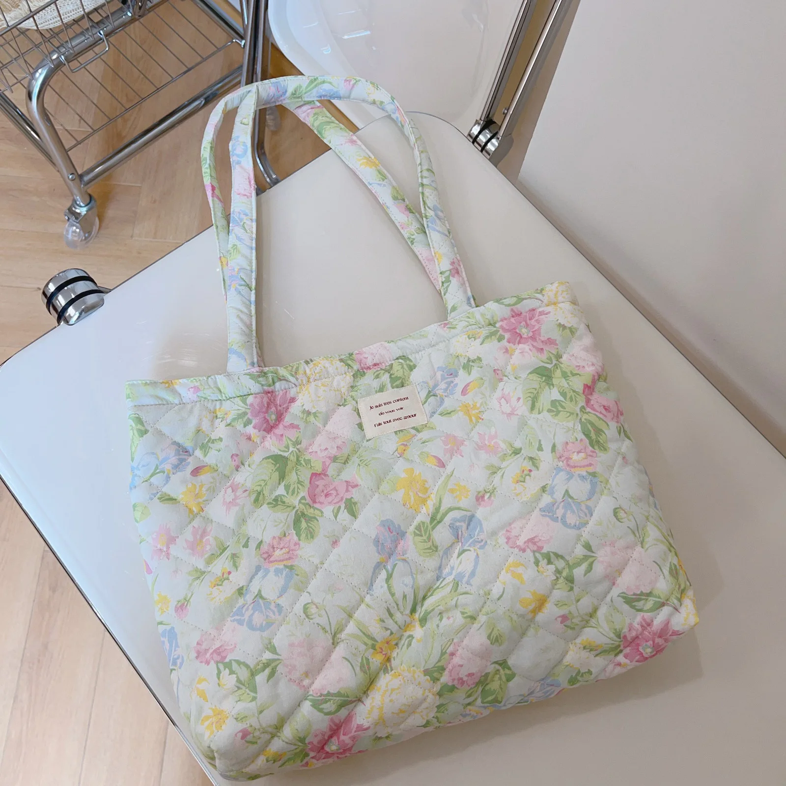 French Floral Quilted Tote Bag for Women Large Capacity Shoulder Handbag with Cotton Li-ning Stylish Mommy and Book Bag view 3