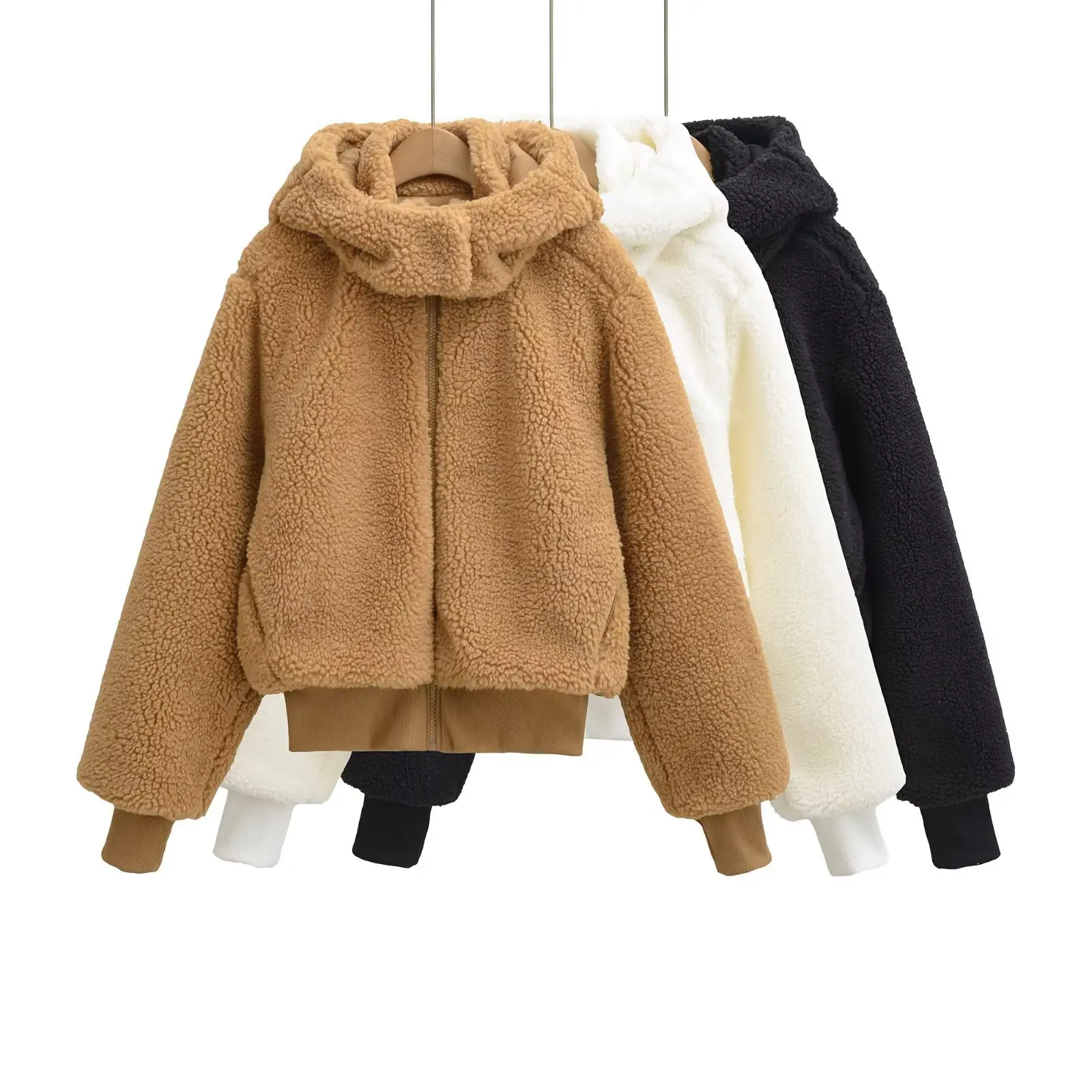 

European and American 2025 winter new fashion retro loose, slim, warm, soft and waxy lamb wool zipper hooded short jacket