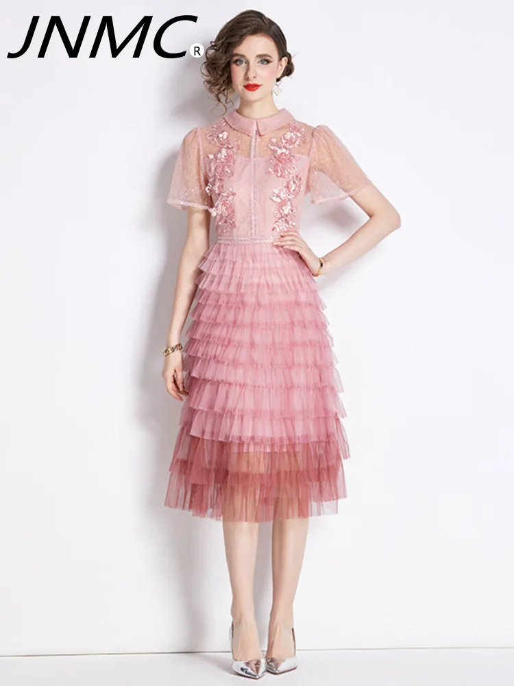 JNMC 여성용 인형 칼라 자수 하이웨이스트 슬리밍 프린지 케이크 그라데이션 레이스 원피스, 달콤한 원피스 기질, 2024 신상 