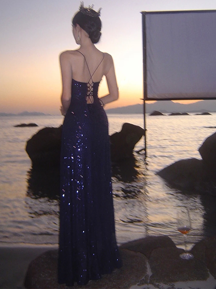 Glitter Gold Sequins Prom Gown Thigh-high Split Strappy Lace-up on Open Back Floor Sweeping Train Evening Party Dress