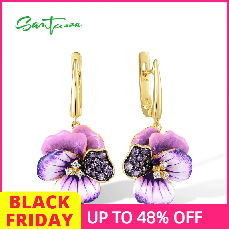 

SANTUZZA Pure 925 Sterling Silver Earrings For Women Sparkling Pink And Purple Peony Enamel Flower Dangling Elegant Fine Jewelry