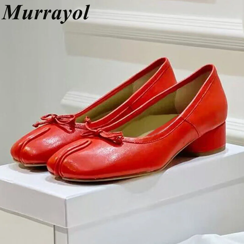 

New Genuine Leather Low Heels Mary Jane Shoes Women's Splitting Toe Butterfly-knot Decor Single Shoes Spring Retro Pumps