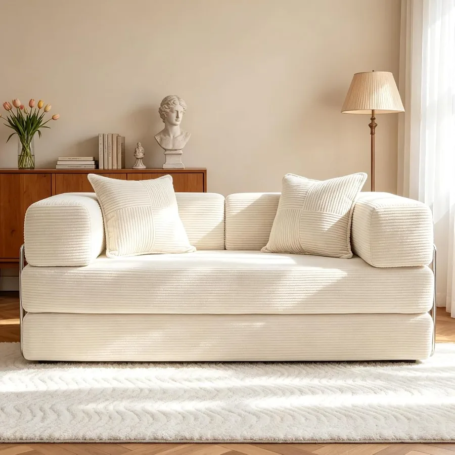 5-in-1 Folding Convertible Boneless Sofa with Pull Out Bed, Corduroy Modular Floor Couch with Fixed-Shape Frame, No Assembly Re