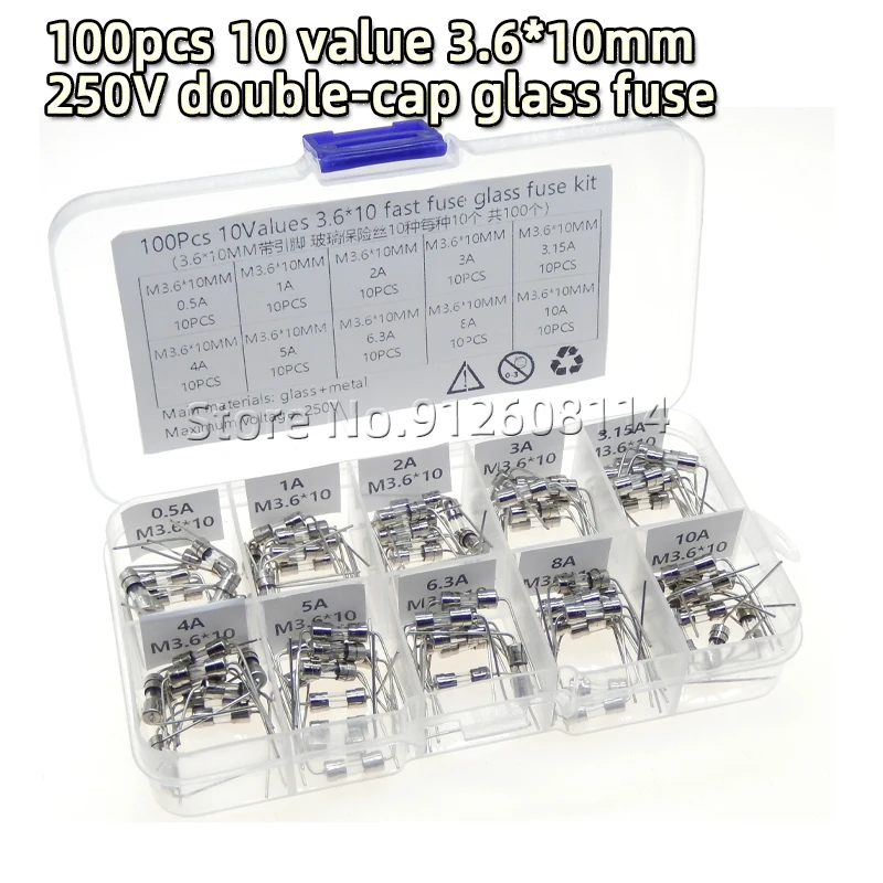 100Pcs/Box 10 Value 3.6*10mm 250V Double Iron Cap Axial Glass Fuse Kit with Conductors 0.5A 1A 2A 3A 3.15A 4A 5A 6.3A 8A 10A