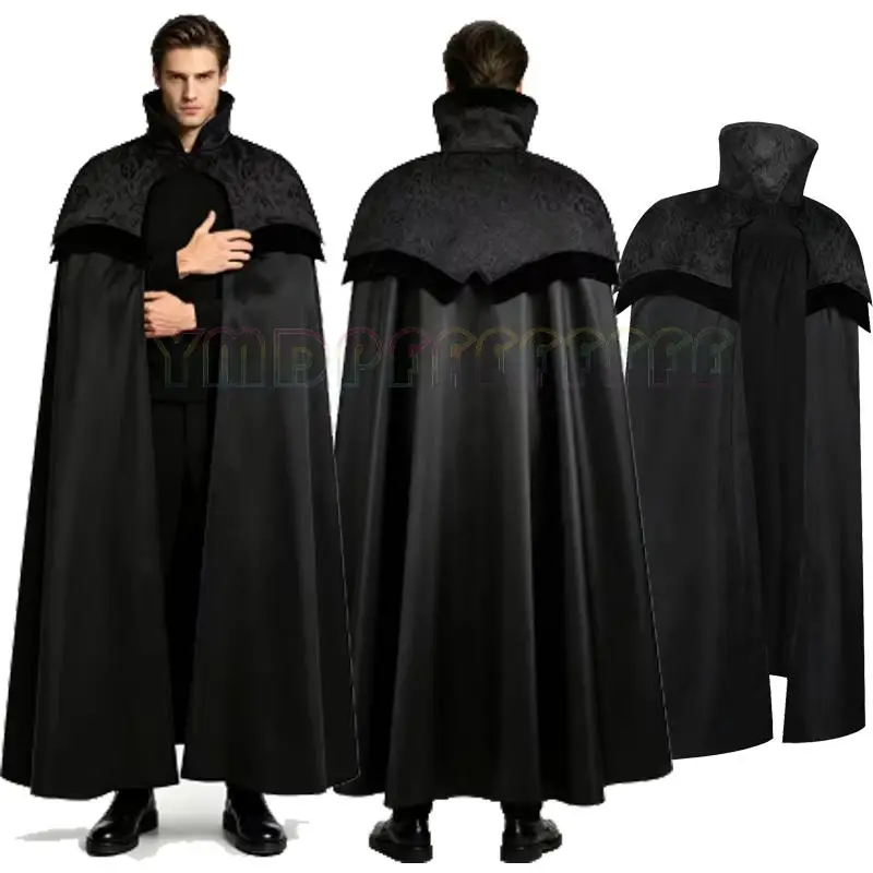 

New men's Gothic long cape vampire costume Halloween role-playing costume medieval steampunk stand up collar black wizard cospla
