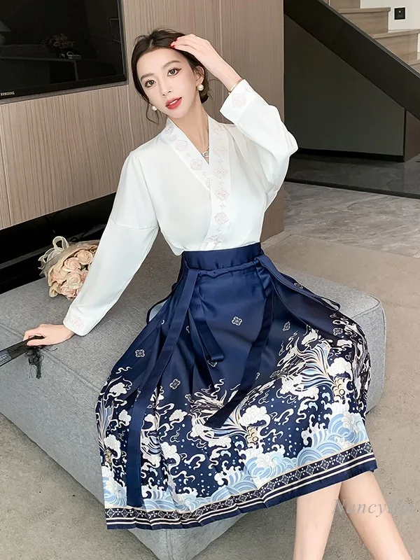 New Chinese Style Improved Horse-Face Skirt for Women 2024 Spring and Summer Daily Commuter Hanfu Skirts Lady Street Outfits