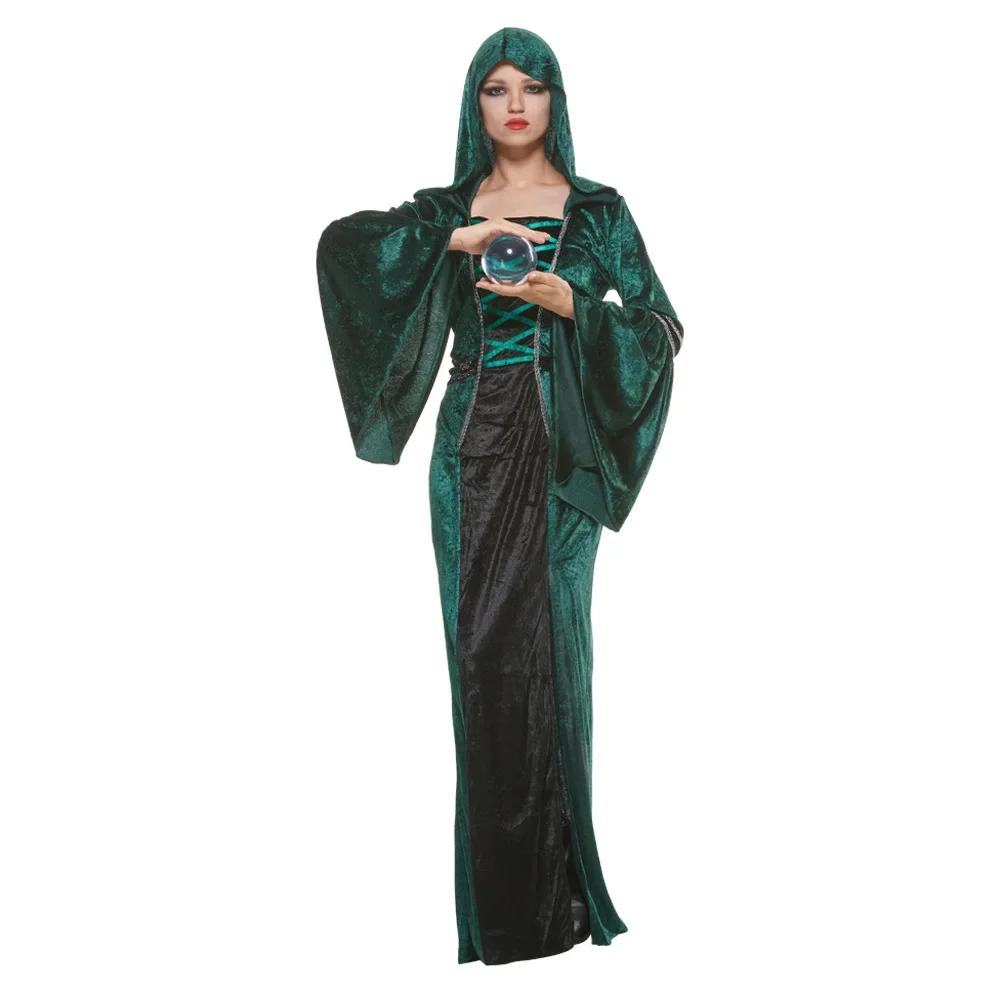 Abito da strega verde con felpa con cappuccio donna adulto Halloween Costume Cosplay vestito medievale Performance sul palco