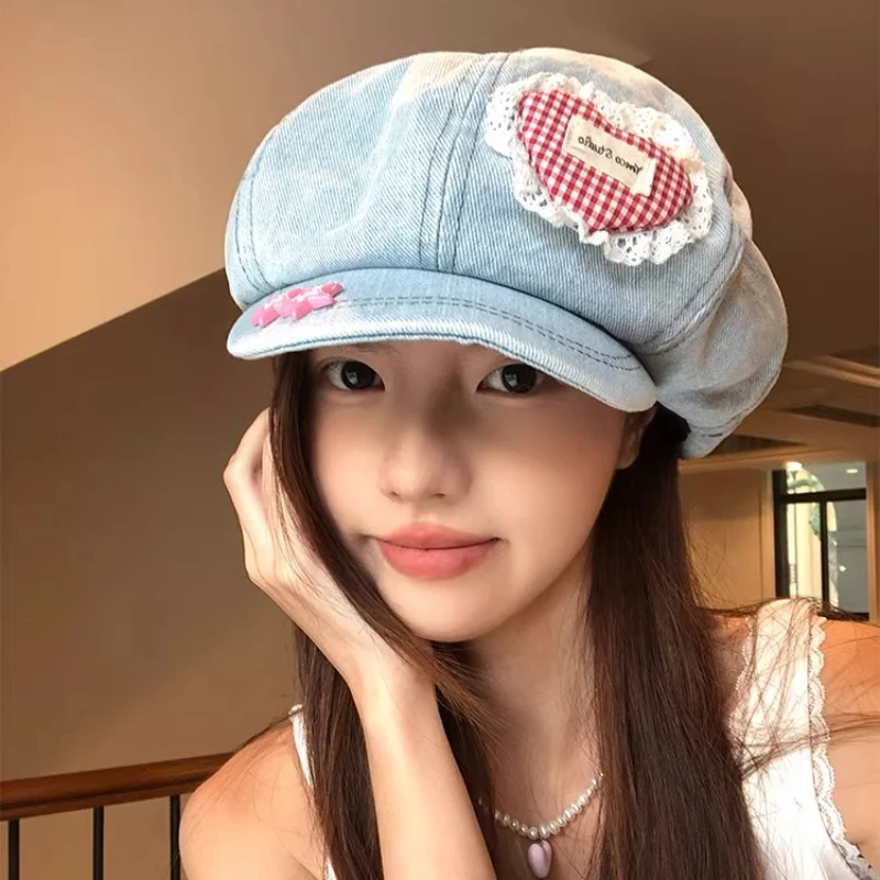 

Корейская милая кружевная кепка Love Berets для женщин Show Face, маленькая весенне-летняя дорожная универсальная повседневная джинсовая шляпа газетчика в стиле ретро