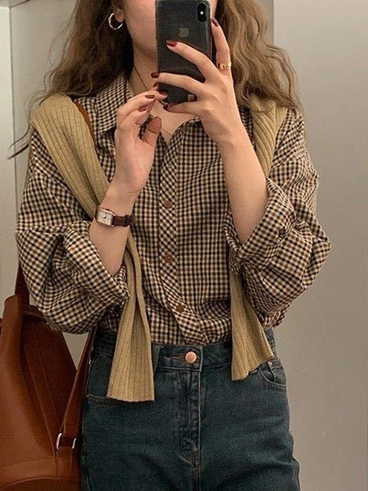 

2025 Autumn Casual Long Sleeve Women Plaid Shirt Korea Style Button Up Loose Women's Shirts Vintage Female Clothing Tops