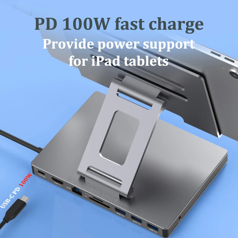 Folding charging tablet stand for phone with HDMI 4K 60HZ RJ45 1000M PD 100W multi USB-C HUB ipad pro docking station hd Dock