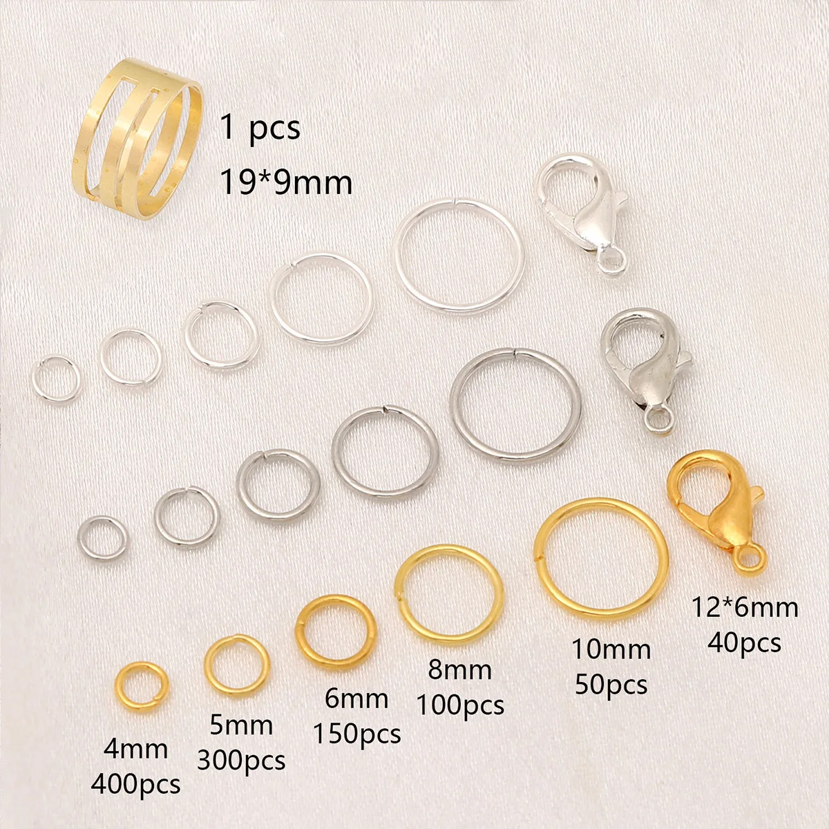 6-Gitter Schmuckzubehör-Set mit gemischten Binderingen und Karabinerverschlüssen für DIY-Schmuck, 3 Metallfarben zur Auswahl – Detail 4