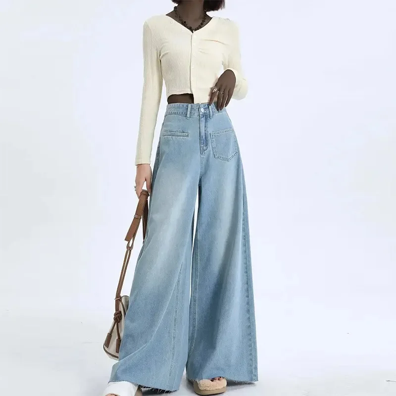 

Denim Wide Leg Pants Women Jeans Loose Trousers 2025 Streetwear Pockets Button High Waist Distressed Washed Floor Length