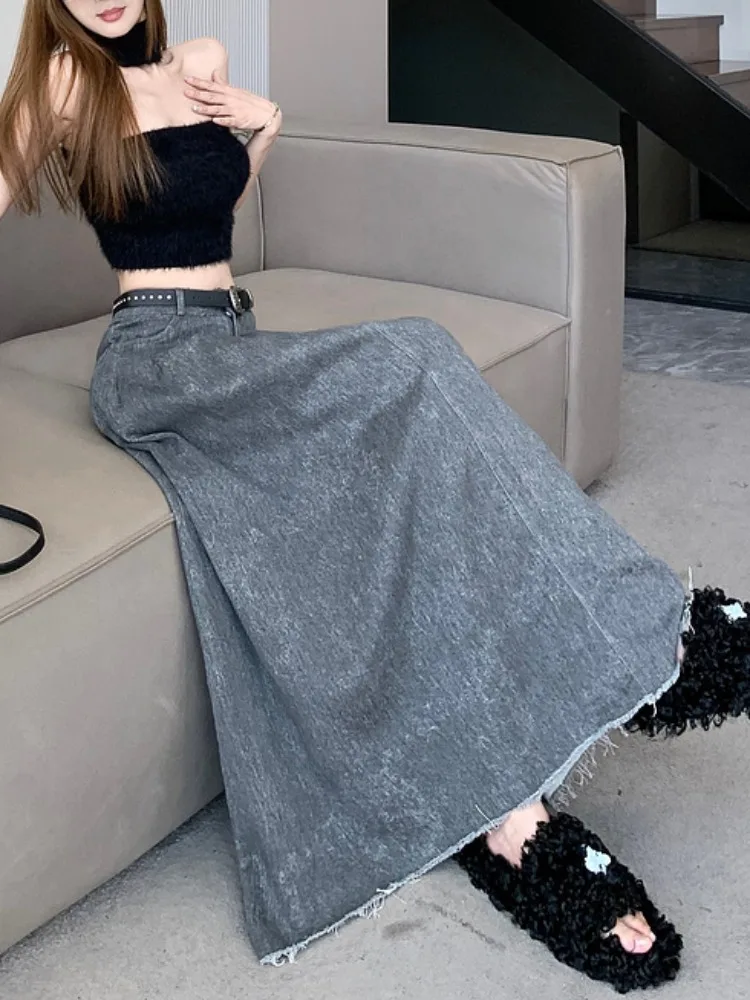 

Women's Blue A-line Long Skirt Vintage Y2k Skirt Harajuku Korean Streetwear Fashion Elegant Skirt 2000s Clothes Autumn