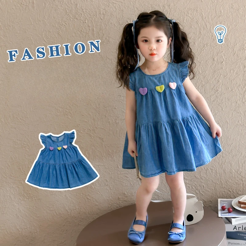 

Girls Denim Dress Summer New Baby Thin Fashion Love Applique Sundress Girls Clothes Ropa De Niña