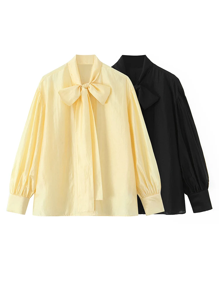 

Женская модная блузка в уличном стиле HH 2026, весенний укороченный топ с бантом и складками, однотонная повседневная приталенная рубашка с длинными рукавами