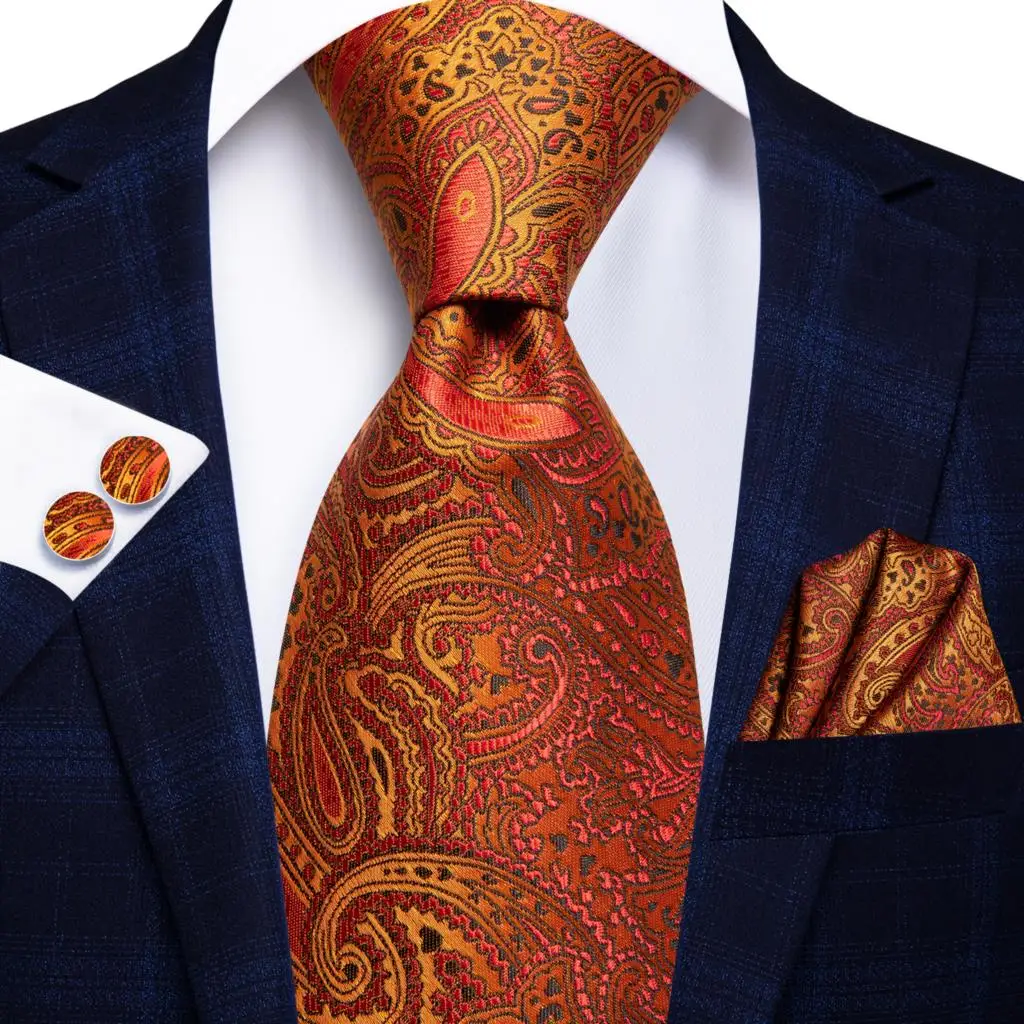 Dasi Pernikahan Paisley Oranye Desainer Hi-Tie untuk Pria Hadiah Kancing Manset Handky Dasi Pria Fashion Bisnis Pesta Dropshiping