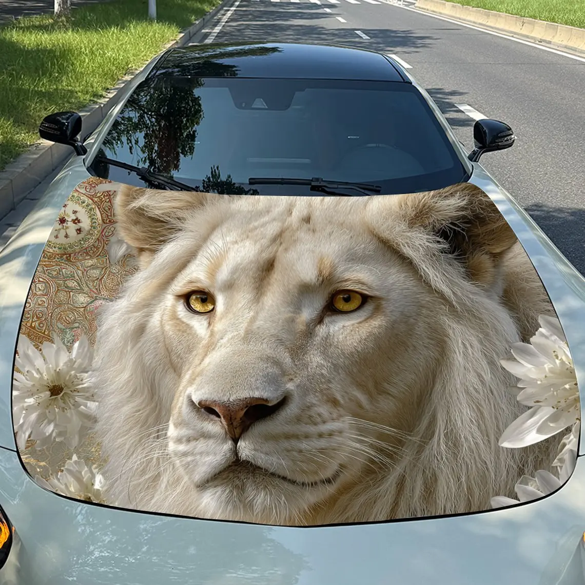 

Виниловая пленка для автомобиля с белым цветком и белым львом, водонепроницаемая наклейка на капот автомобиля из ПВХ, самоклеящиеся устойчивые к царапинам наклейки для двигателя