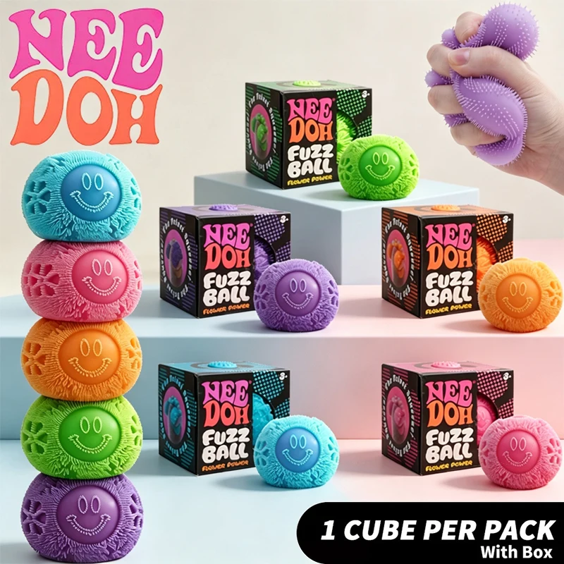Needoh Fuzz Ball Flower Power Calm Fidget Toy Knead Quick Rebound Soft Velvet Smiley Face Squeeze Anti-Anxiety Sooth Relax Gift