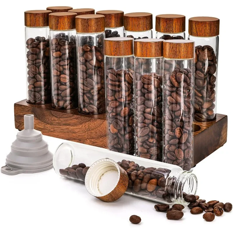 Juego de tarros sellados de vidrio, dispensador de café en polvo de calidad alimentaria con soporte de exhibición de madera de nogal y viales de dosificación de embudo con tapas, 1 Juego