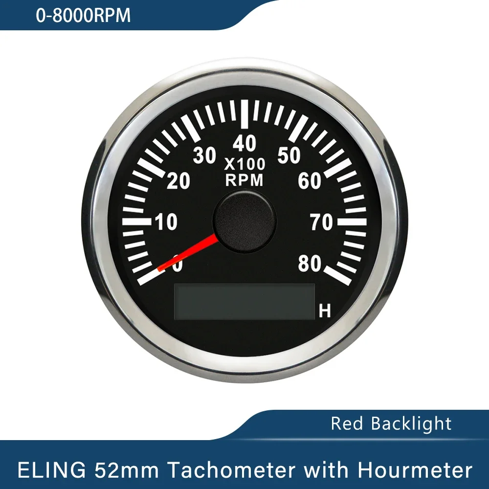 ELING Car Boat Yacht Universal 52mm Tachometer RPM Gauge 0-3000RPM 0-4000RPM 0-6000RPM 0-8000RPM with Red Backlight 9-32V