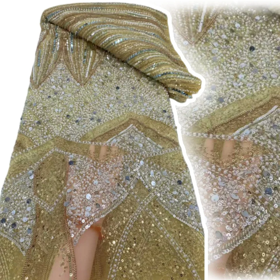 

Новая модная вышивка с французскими блестками, роскошные бусины, тюль, кружево, 5 ярдов, африканская нигерийская сетчатая ткань для свадебного вечернего шитья CC1347