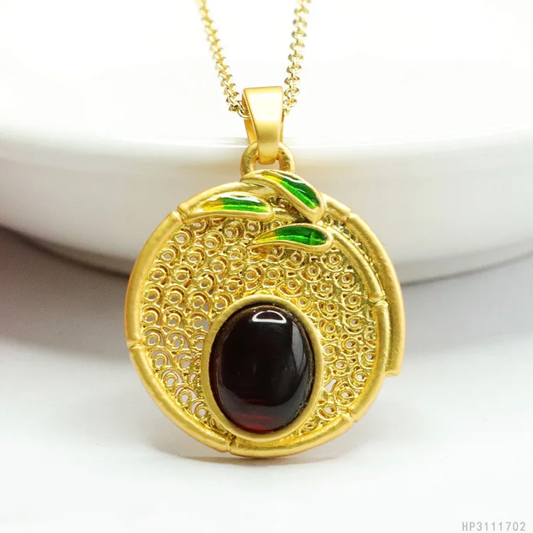 

Natural Amber Pendant Blood Amber Bamboo Leaf Round Brand Necklace Court Style Jewelry