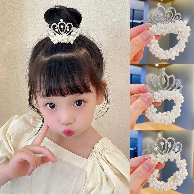 2PC Fashion Pearl Crown Princess Hair Bands Elastic Rubber Bands Children Ball Hair Bun Ties Hair Styling Accessories