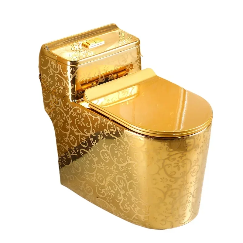 

Household creative European flush toilet gold pattern toilet super swirl siphon water-saving deodorant color toilet