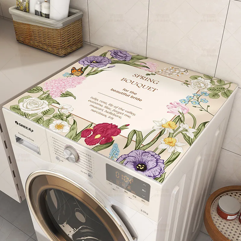 VIKAMA Cartoon Cactus Washing Machine Top Mat Dark Green Stripe Bloom Letter Print Waterproof Anti Dust Dryer Cabinet Pad Rug