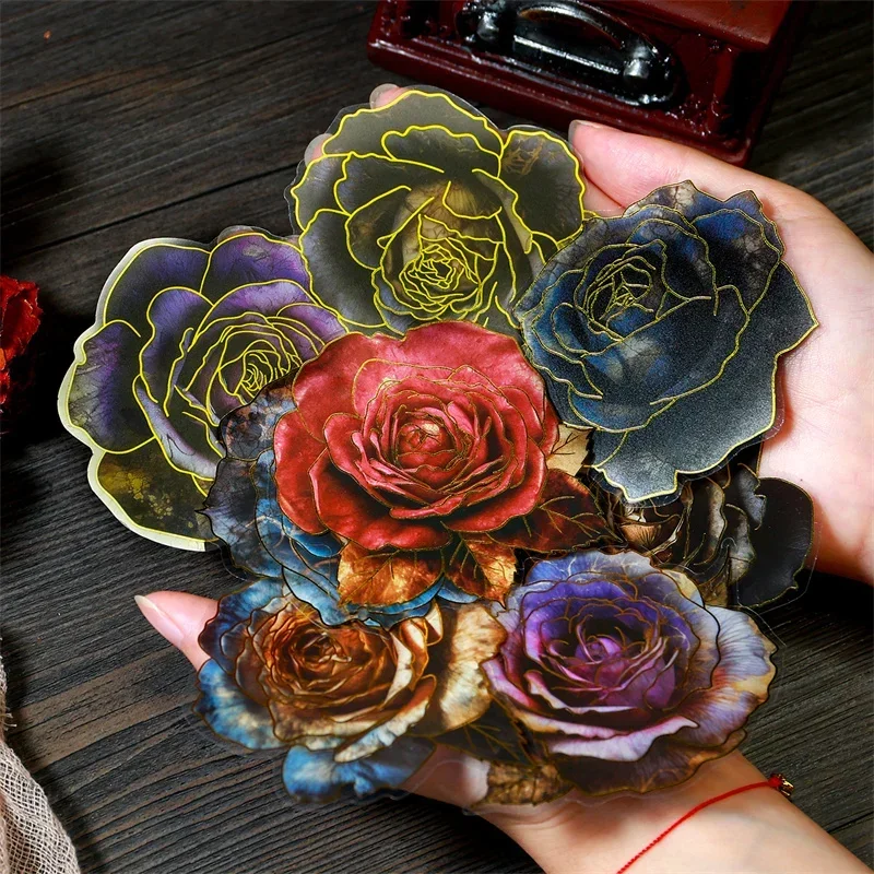 10Sheets Rose Flower Bronzing Romantic Handbook Base Foil Decoration Scrapbook Supplies 171*129MM PET Sticker Mystery