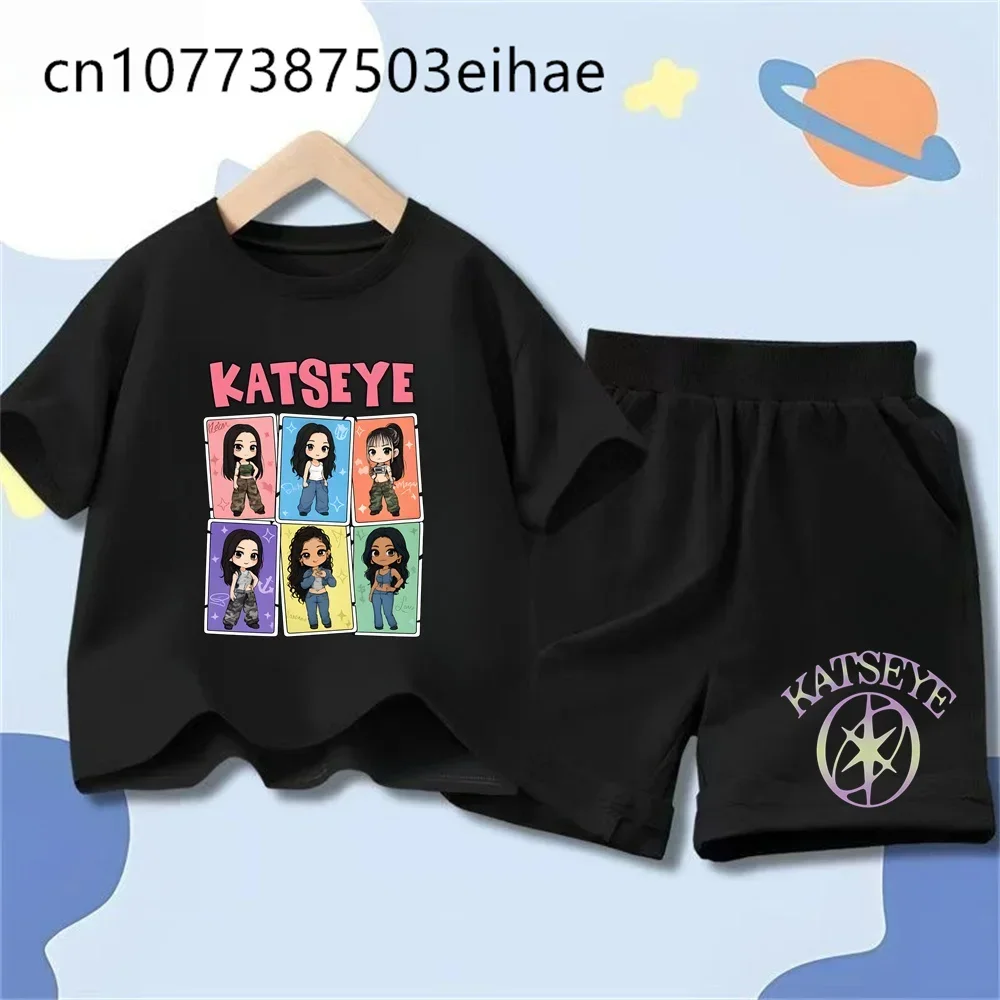 Katseye Girl Group Summer Casual T-shirts round Neck Short Sleeve Children's Fashion Matching Shorts Set for Daily Life