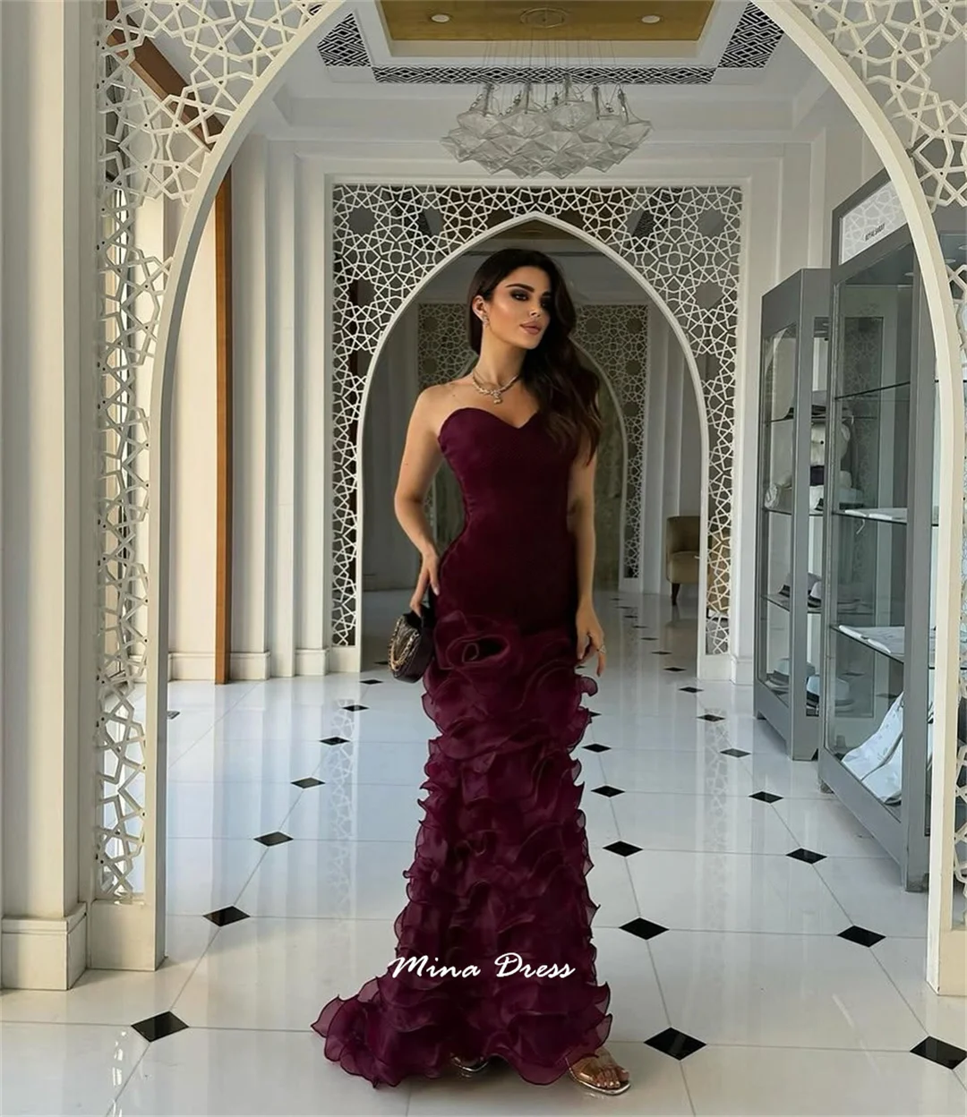 

Mina Customized Wine Red Simple and Elegant Formal Dress Organza Dresses for Special Events Ruffled Heart Collar With Roses Prom