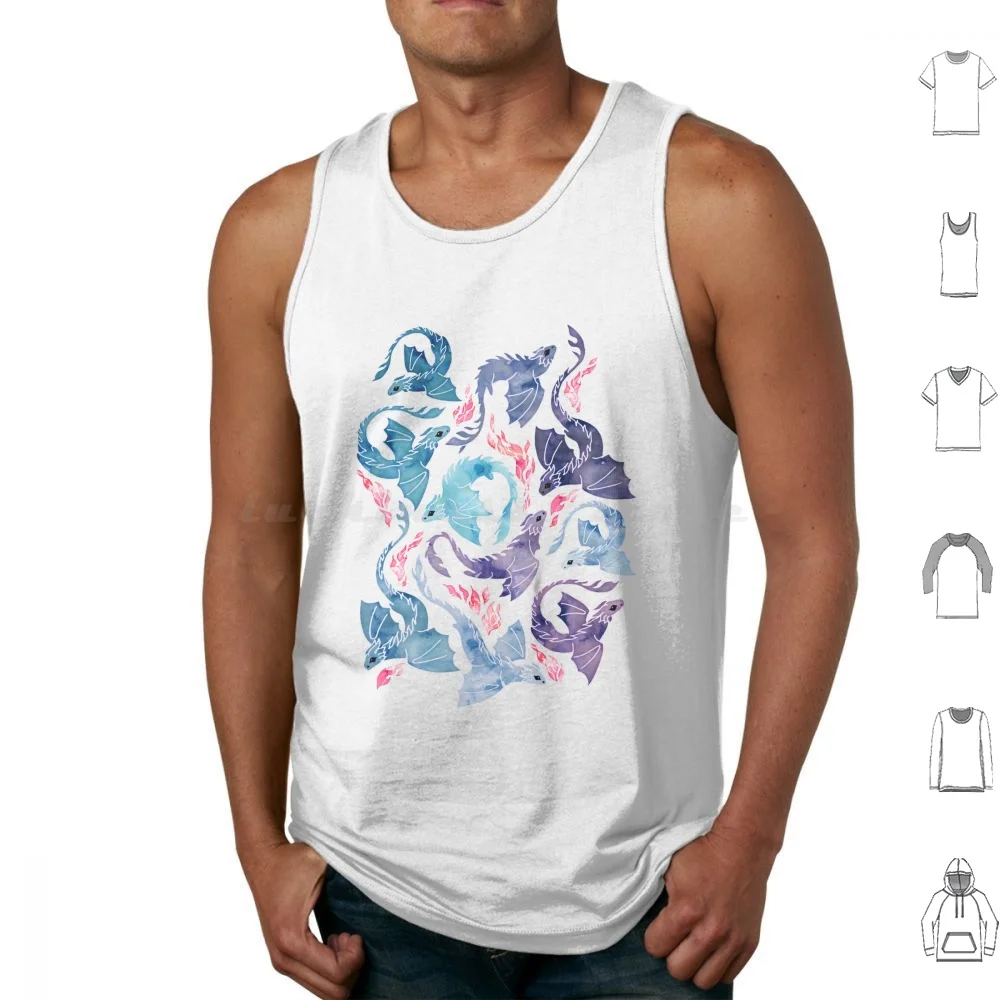 Dragon Fire Turquoise & Purple Tank Tops Print Cotton Adenaj Dragon Flying Fire Breathing Fantasy Fire Flames Red