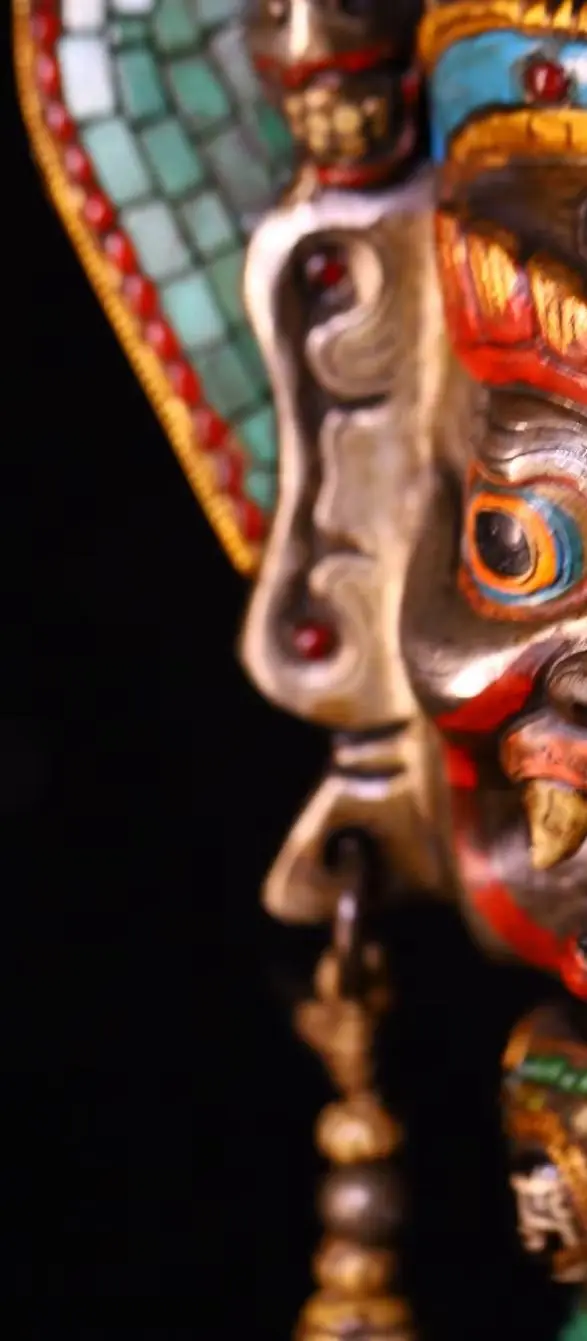 Old Tiantie Painted Mosaic Gem gZi Beads Turquoise Skull Mahakala Buddha Head Dorje Vajra Phurpa Beast head base Worship Hall