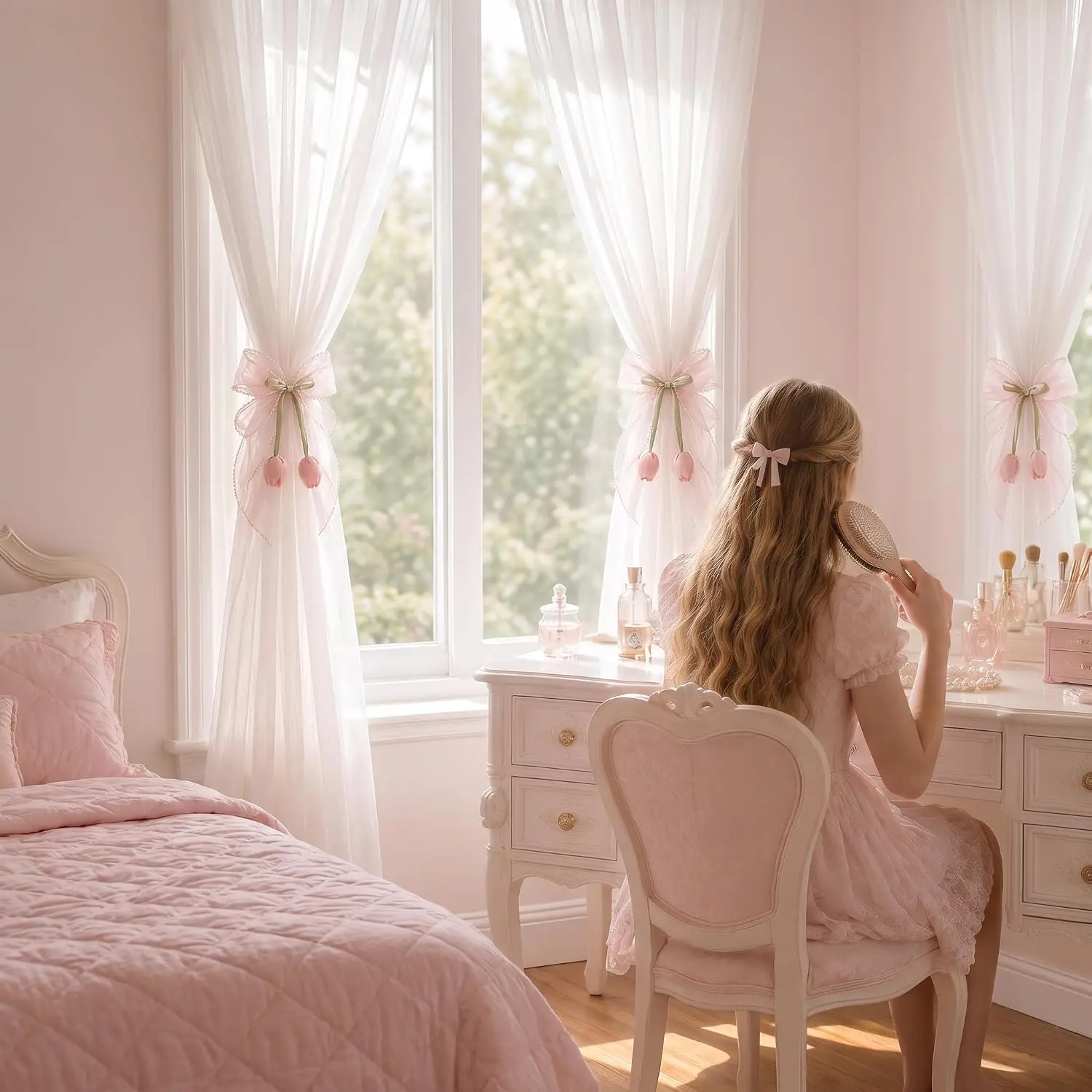 2pcs Flower Curtain Tiebacks Elegant 3D Petal Pearl Holdbacks for Kids Room Bedroom Decor, No Tool Installation Durable
