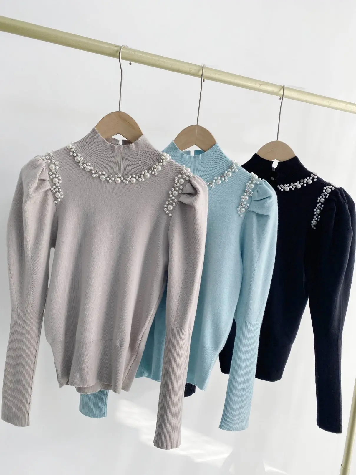 Kuzuwata Japanese Autumn Winter Jersey Mujer Pull Femme Stand Neck Heavy Beading Puff Sleeve Jumpers Knitted Pullover Sweaters