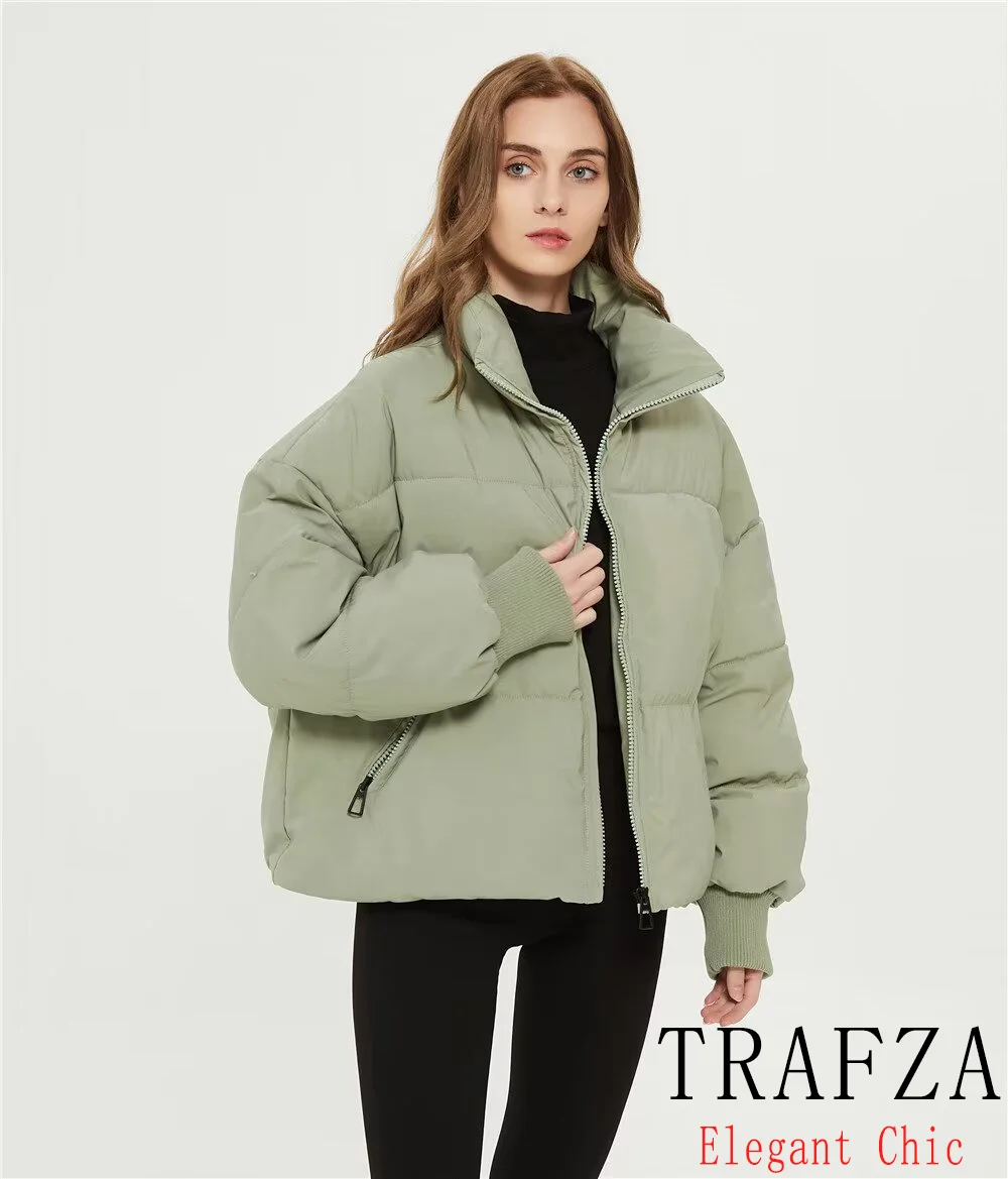 TRAFZA Women Fall Winter Padding Jacket Zip up Puffy Jacket New 2024 Fashion Street Coat Fall Winter Jacket Coat