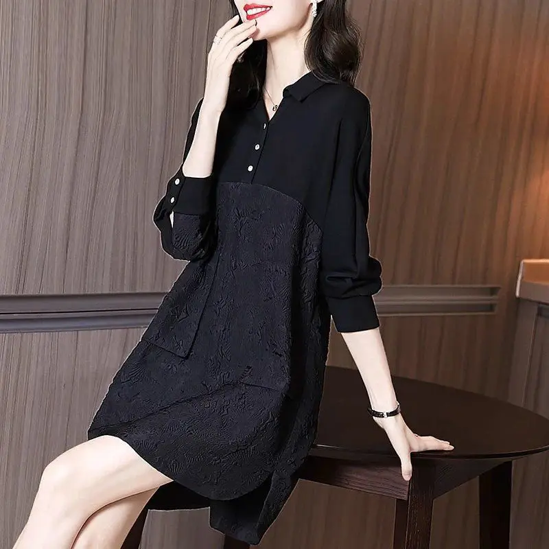 

Spring and Autumn French Royal Sister temperament light, large size cover belly thin A word long sleeve stitching shirt dress