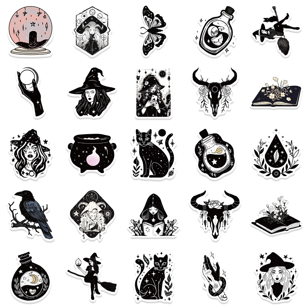 52pcs schwarz und weiß Hexen apotheker Cartoon Aufkleber Hexen aufkleber Astrologie Tarot Goth Vinly Spielzeug Aufkleber für Kinder Geschenke