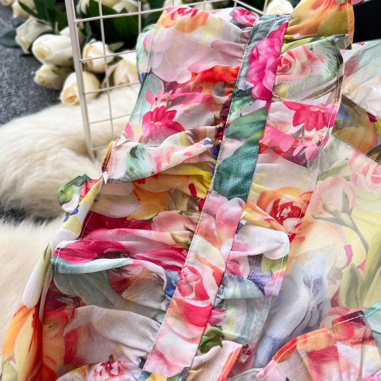 Frauen Elegante Lange Kleid Sommer Fliegen Ärmeln Sexy V-ausschnitt Einreiher A-linie Rüschen Gedruckt Party Kleider Vintage Lange Robe