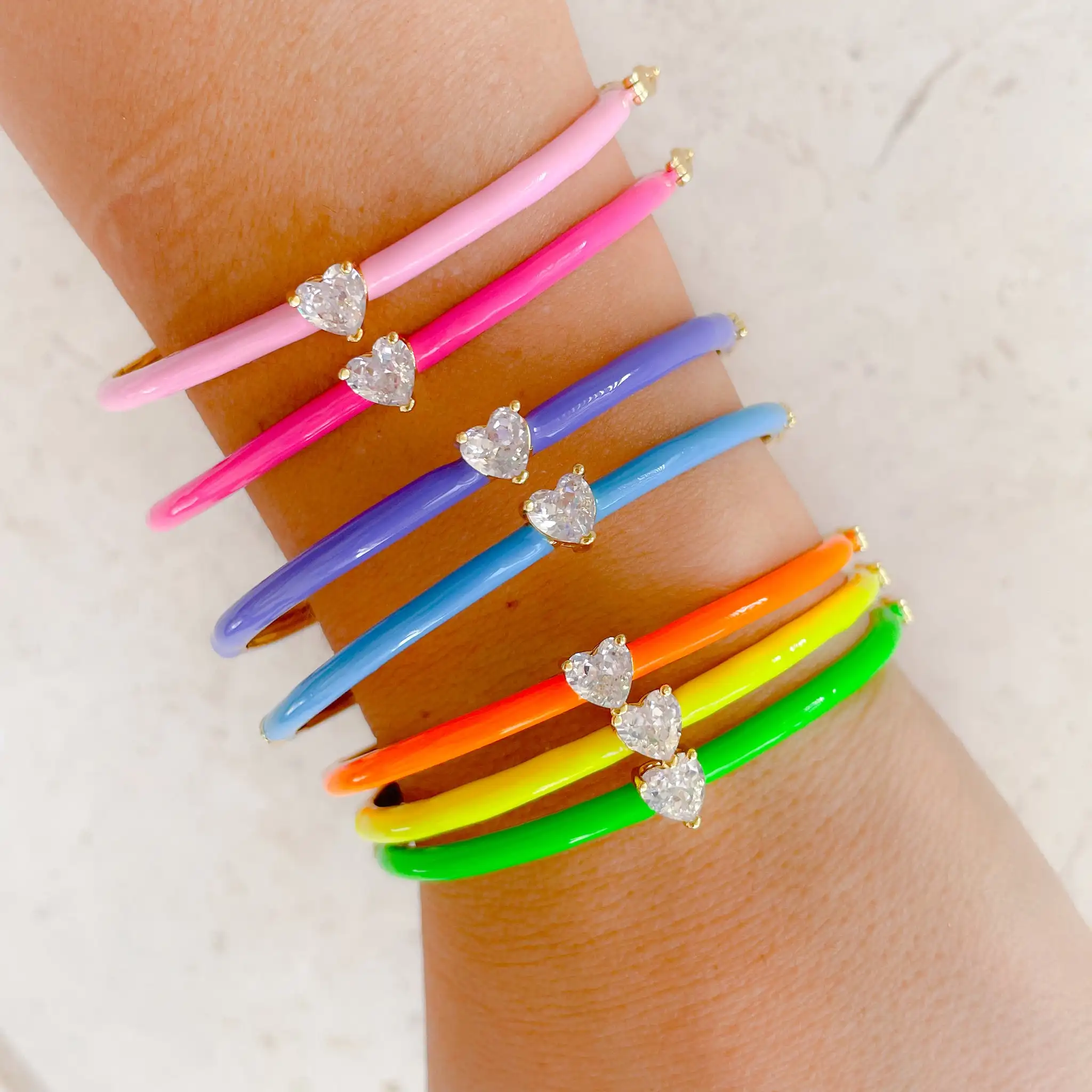 Colorful Fashion Jewelry Gold Plated Neon Enamel Band Single Sparking White Heart Shape Cubic Zirconia CZ Women Bangle